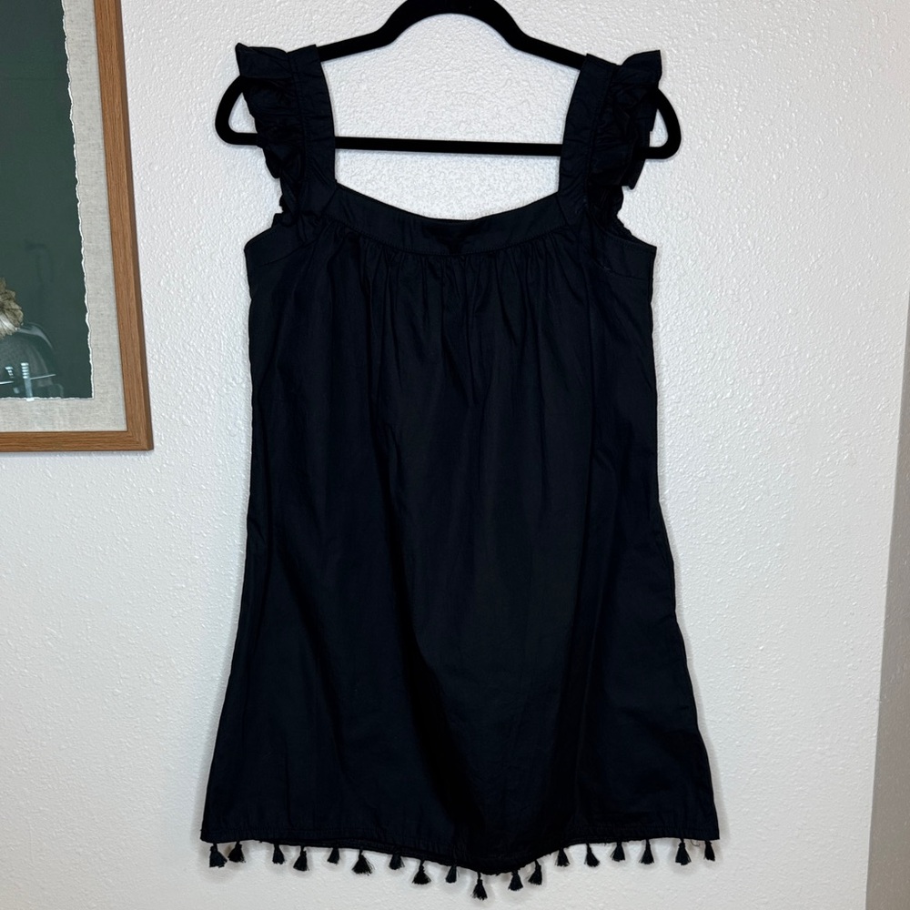 Vineyard Vines Black Cotton Dress XS NWT Ruffle Strap Tassel Hem - Picture 2 of 11